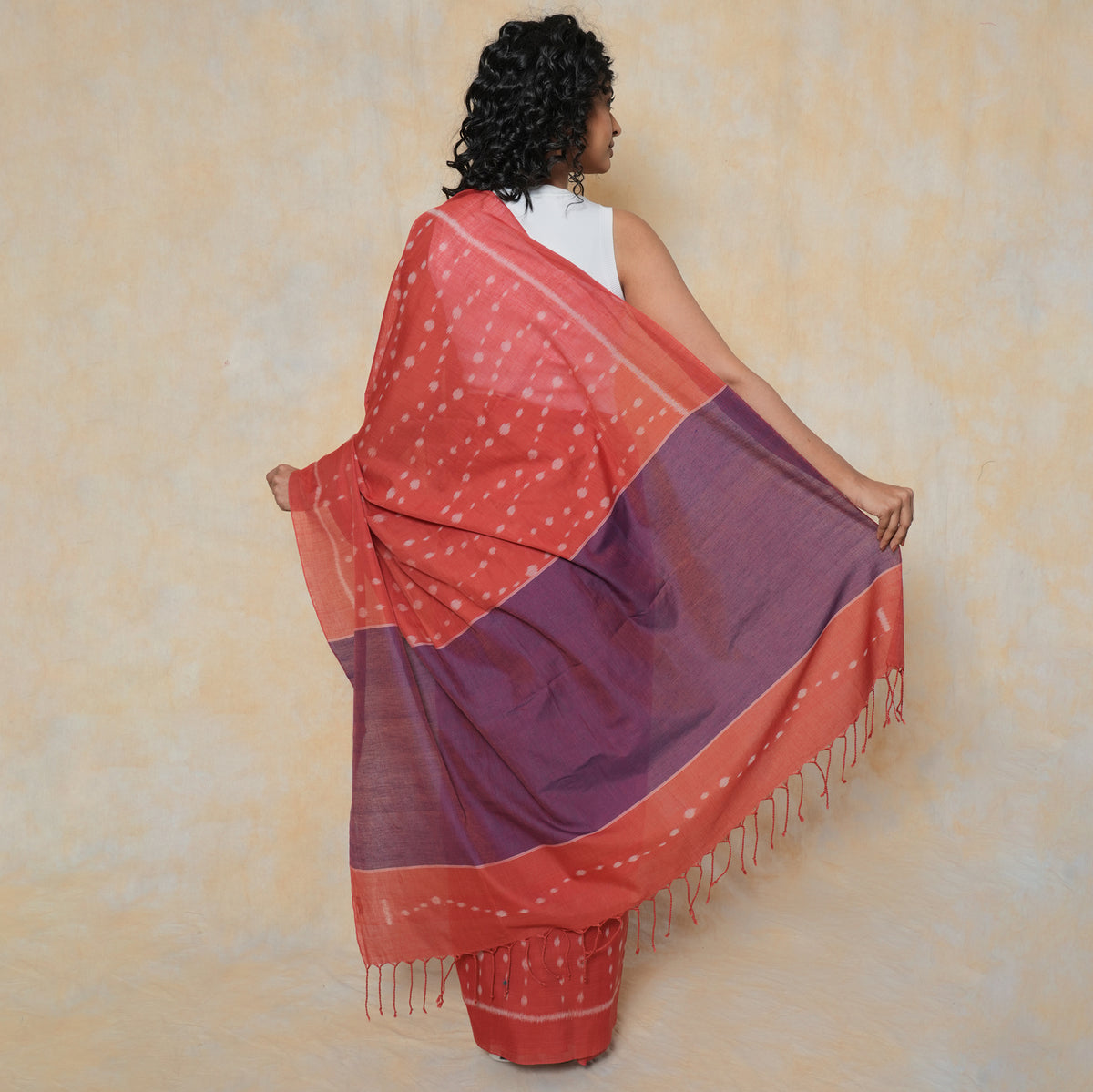 MOTI Handloom Cotton Ikat Saree - Red