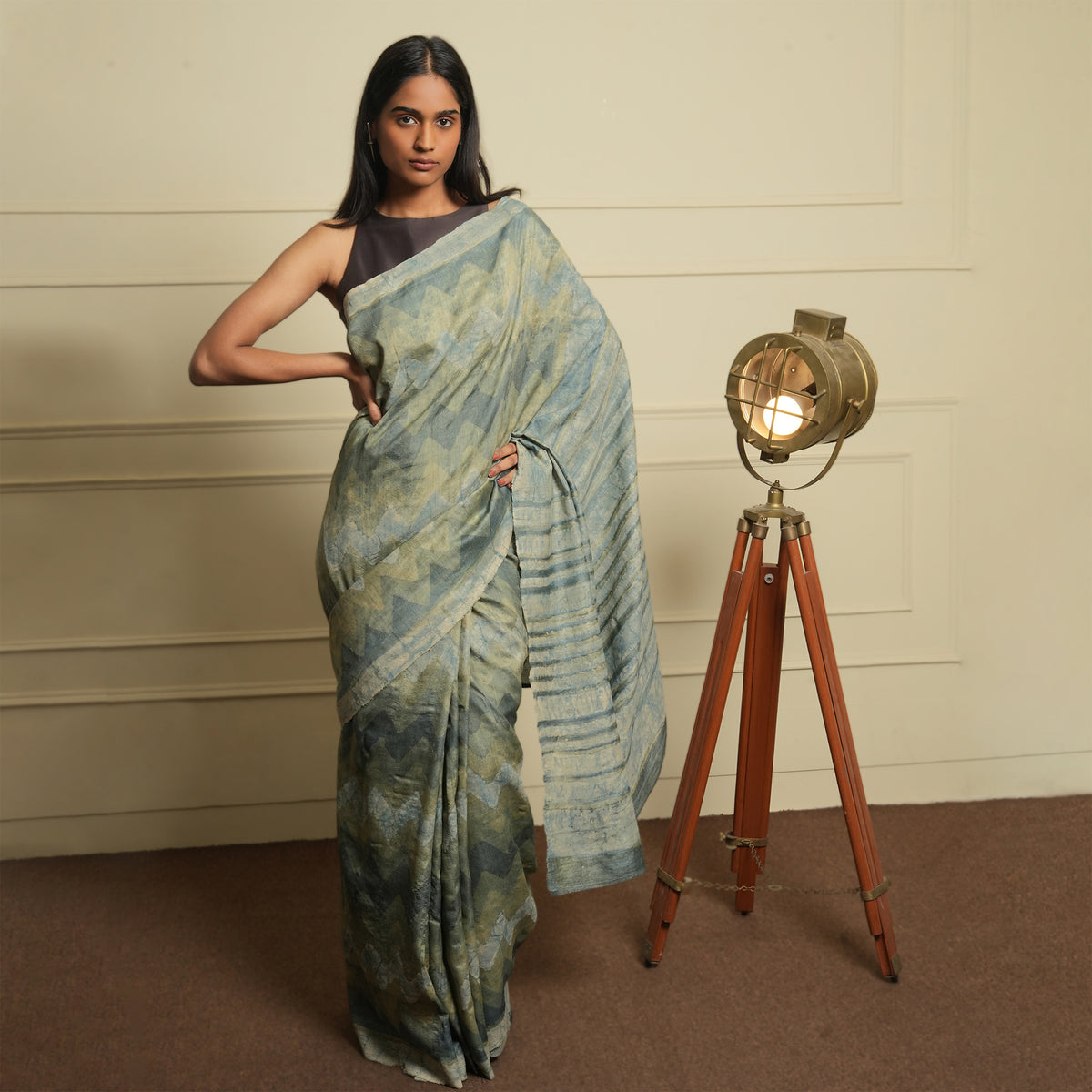 DABU Zigzag Tussar Silk Saree - Pista Green