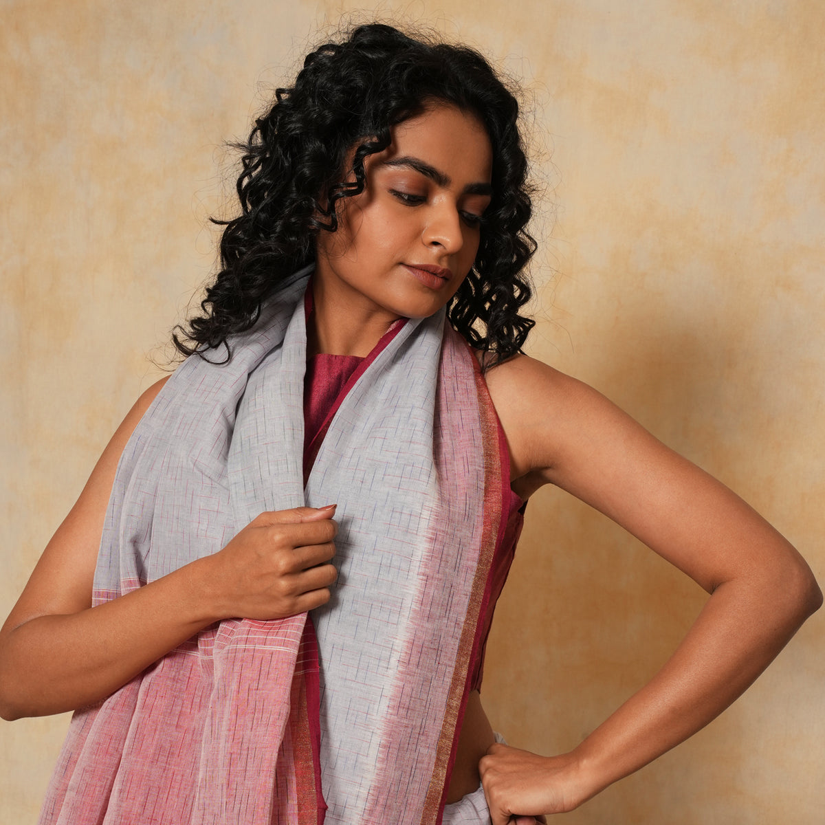 LINEN IKAT Handwoven Sari -  Soft Grey