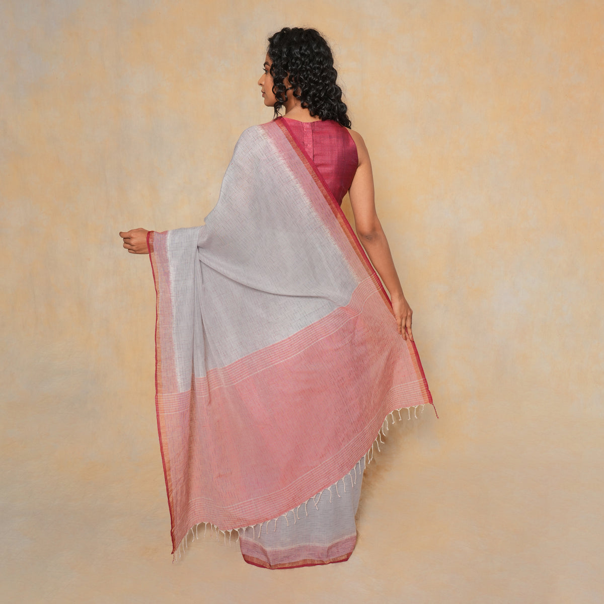 LINEN IKAT Handwoven Sari -  Soft Grey