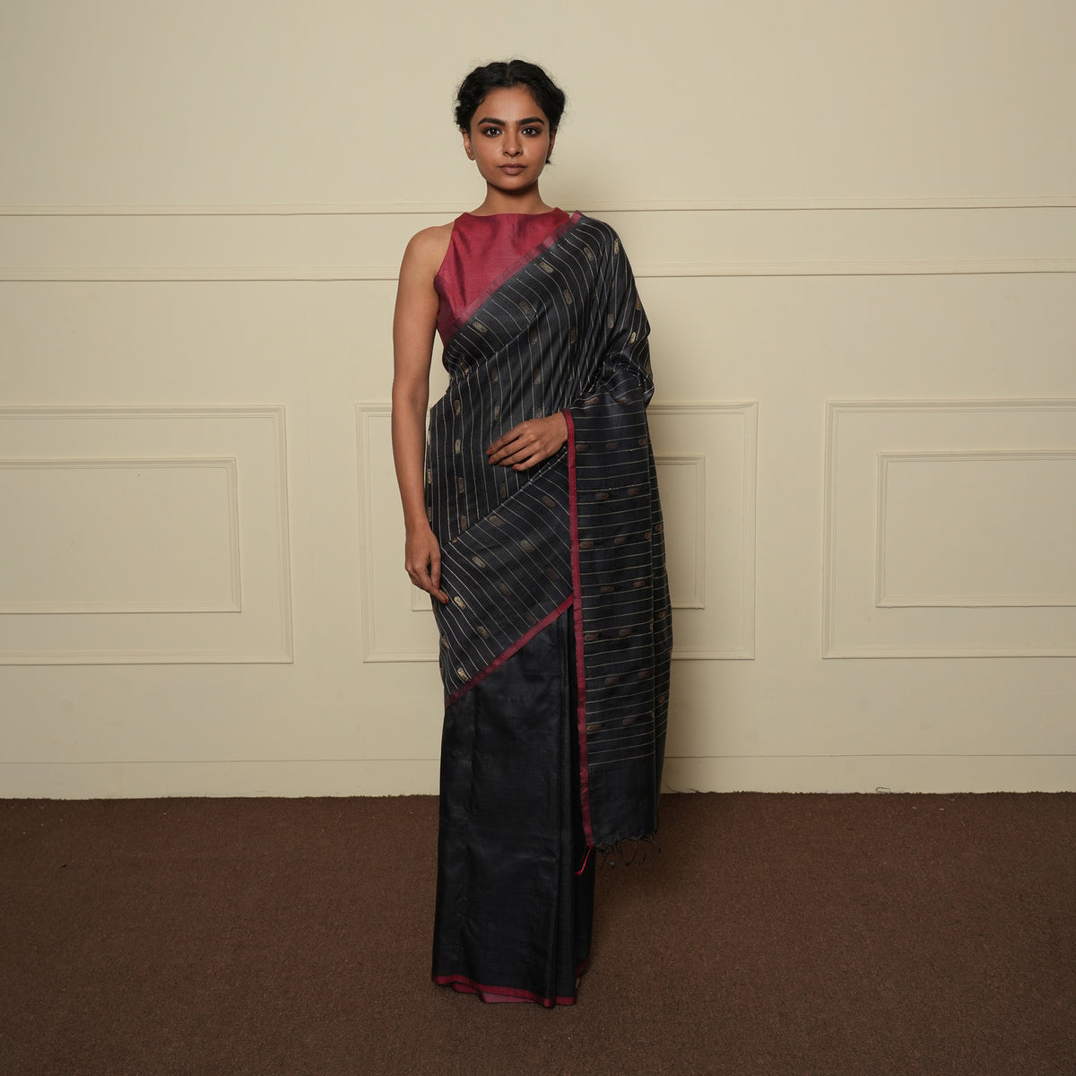 Neer Zari Handwoven Tussar Silk Saree - Black