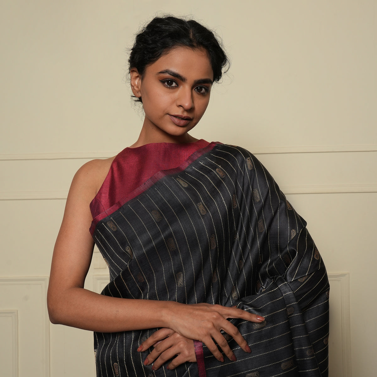 Neer Zari Handwoven Tussar Silk Saree - Black