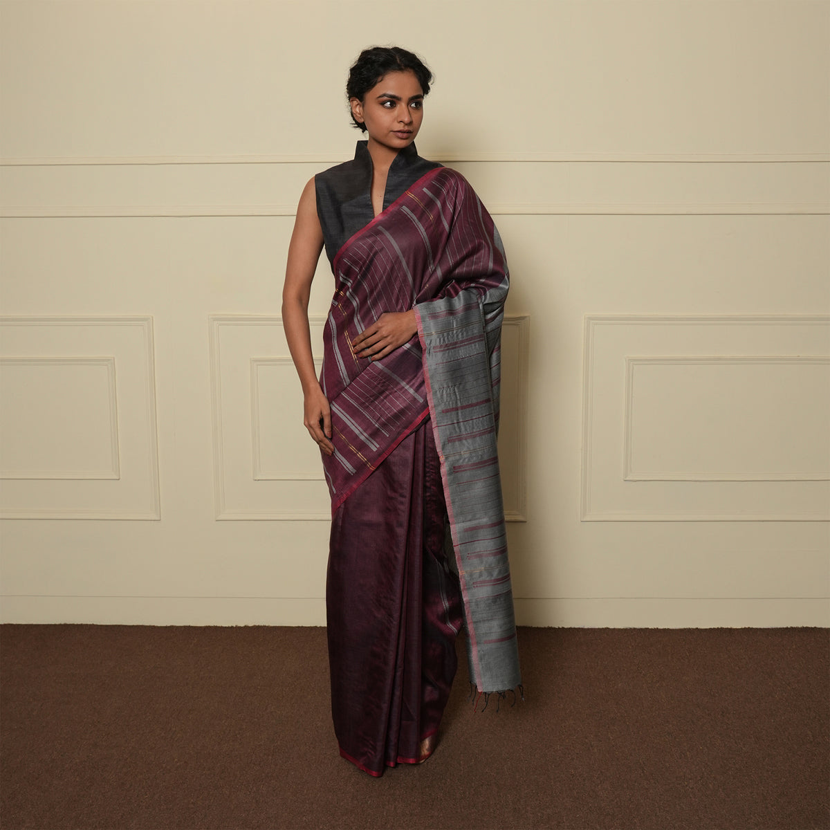 Khushboo Handwoven Tussar Silk Saree - Maroon Silver