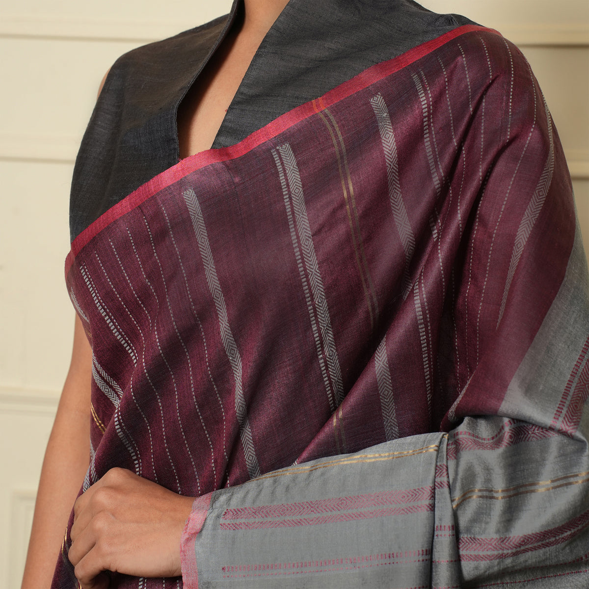 Khushboo Handwoven Tussar Silk Saree - Maroon Silver