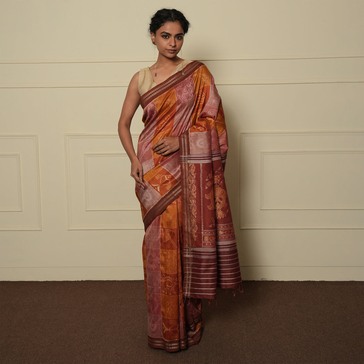 IKAT MASTERPIECE Das Avtar Handwoven Silk Saree - Salmon Orange