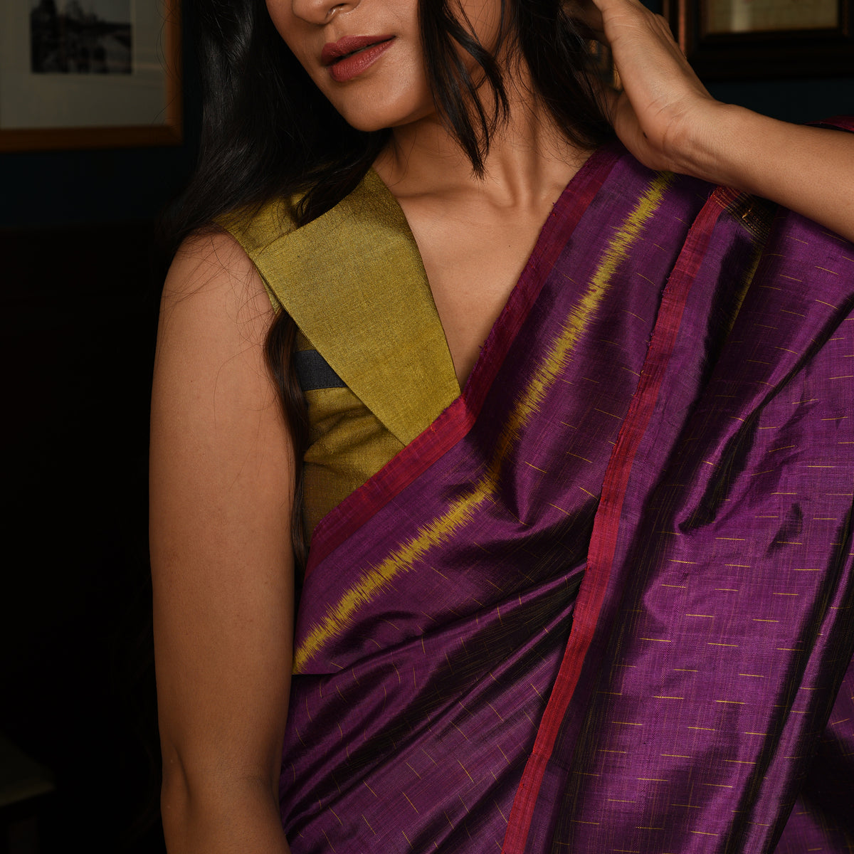 SHUNYA Ikat Silk Handwoven Sari - Plum Purple