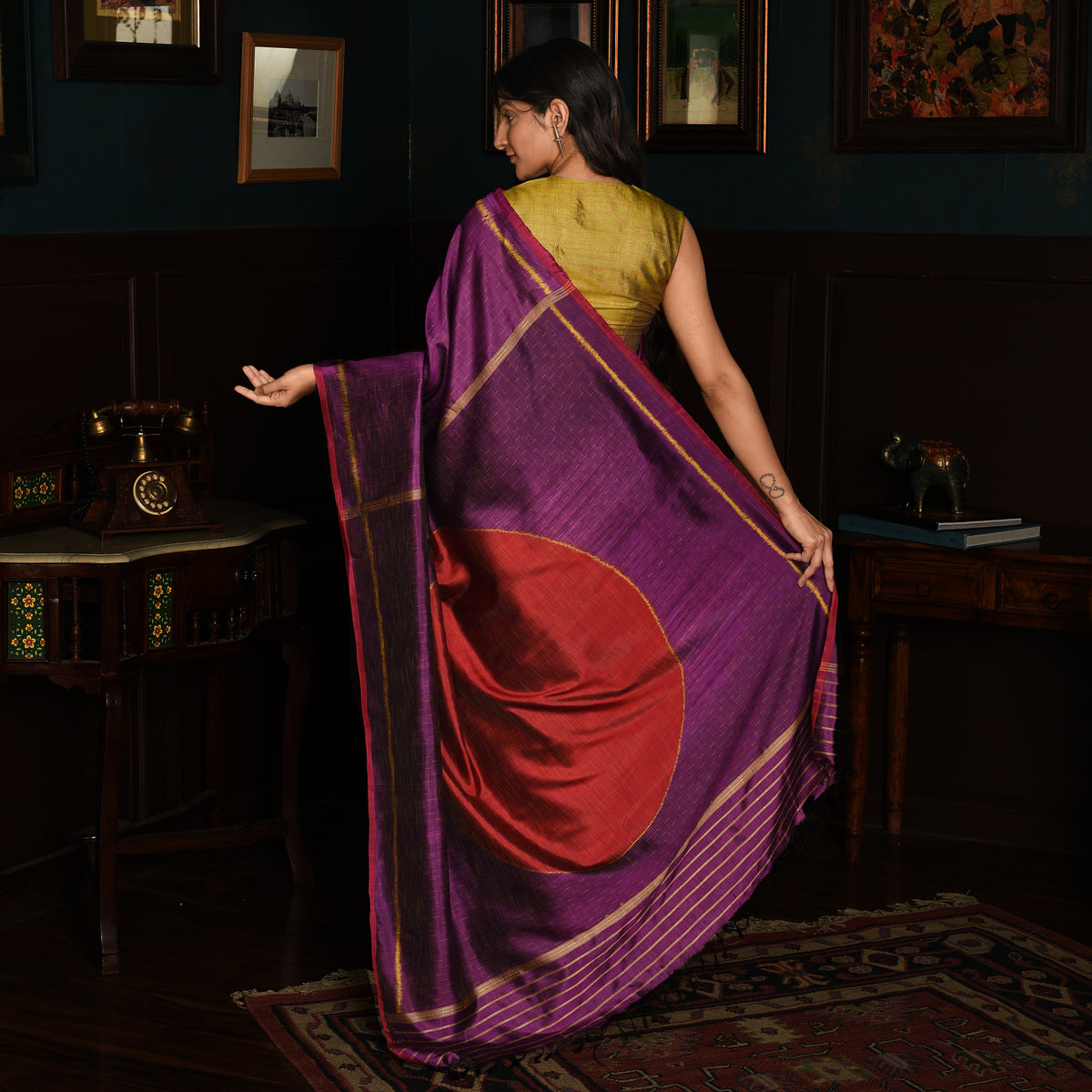 SHUNYA Ikat Silk Handwoven Sari - Plum Purple