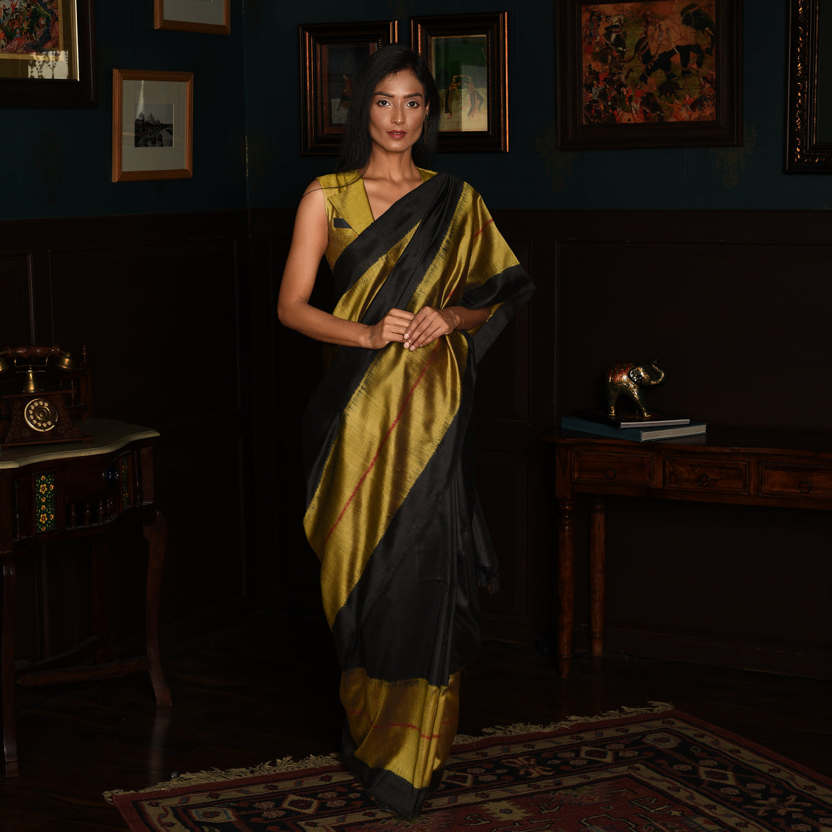 Rekha Ikat Silk Saree - Black and Copper