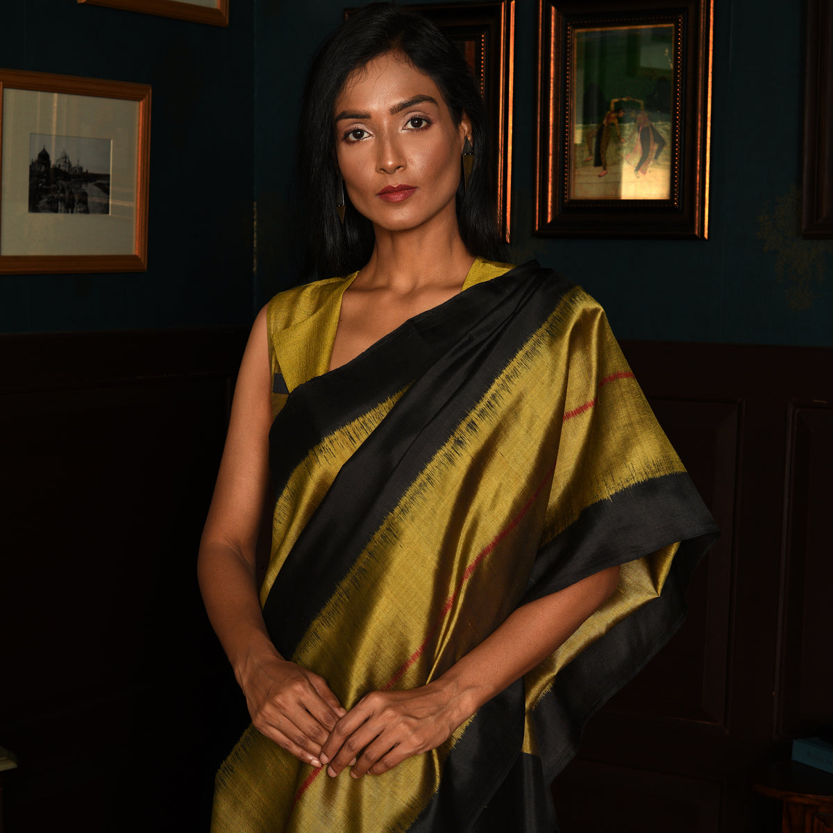 Rekha Ikat Silk Saree - Black and Copper