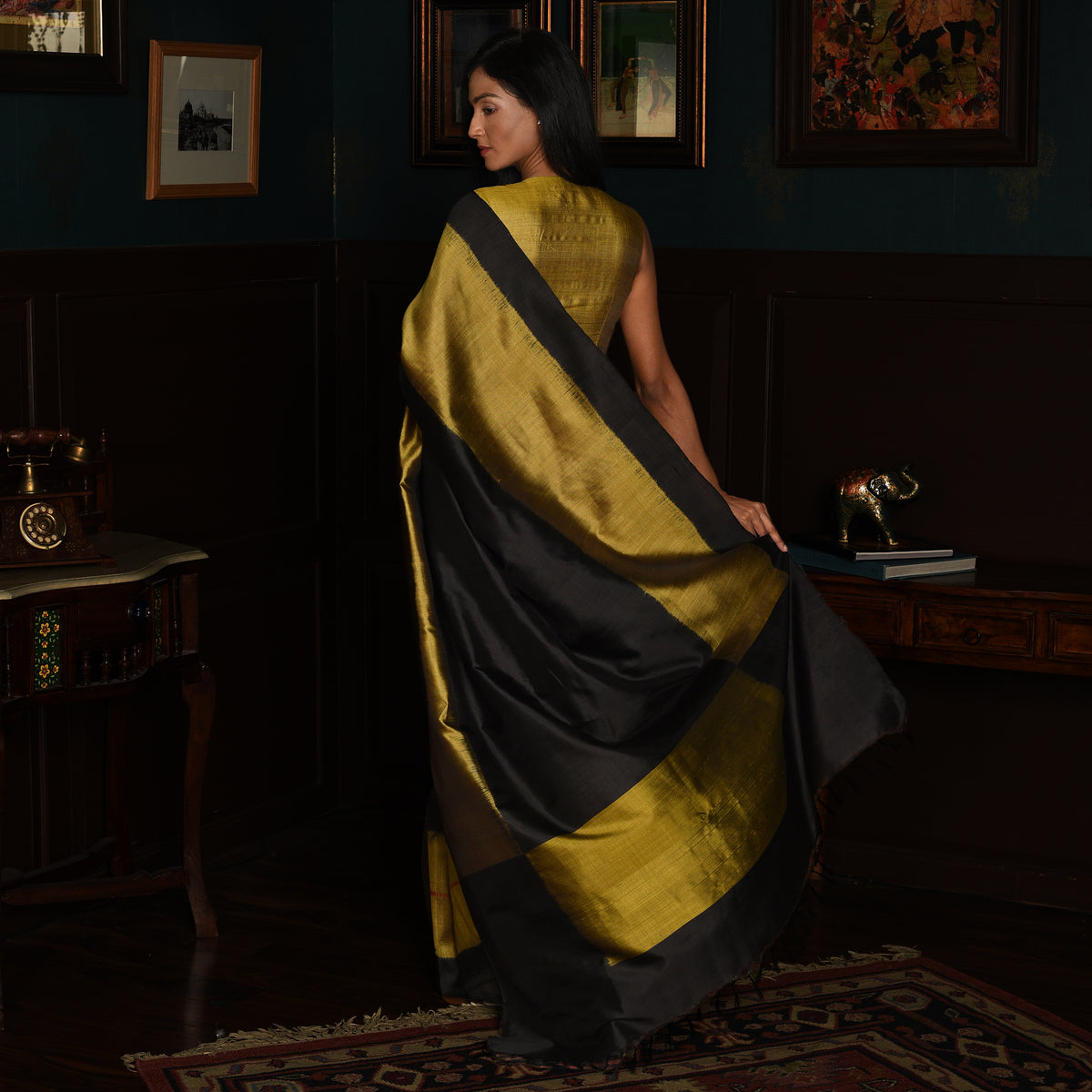 Rekha Ikat Silk Saree - Black and Copper