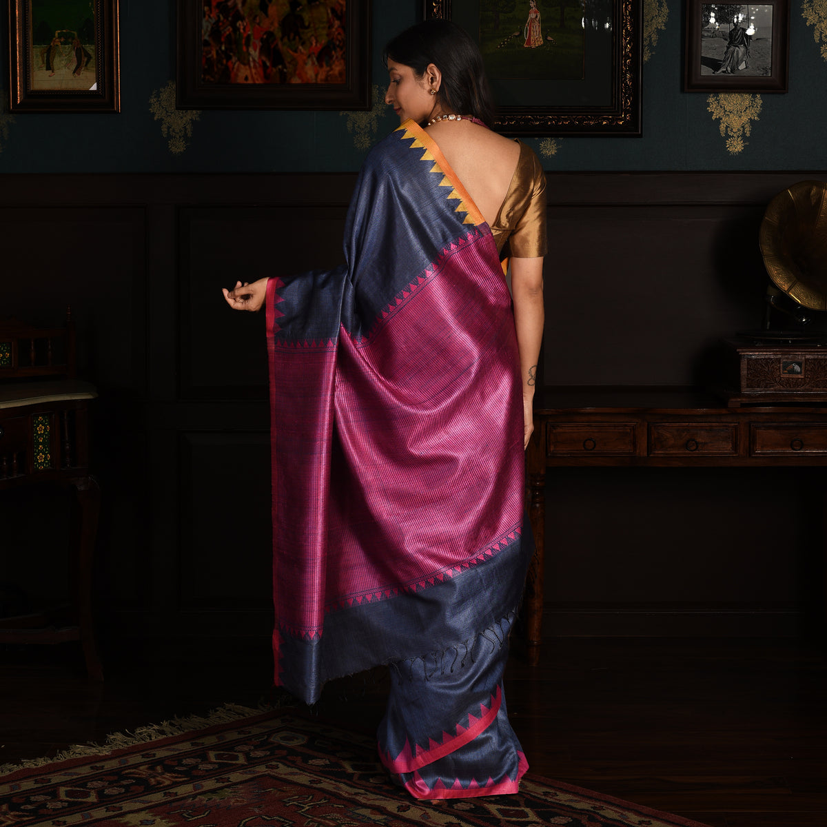 KUMBHA Handwoven Tussar Silk Saree - Midnight Blue