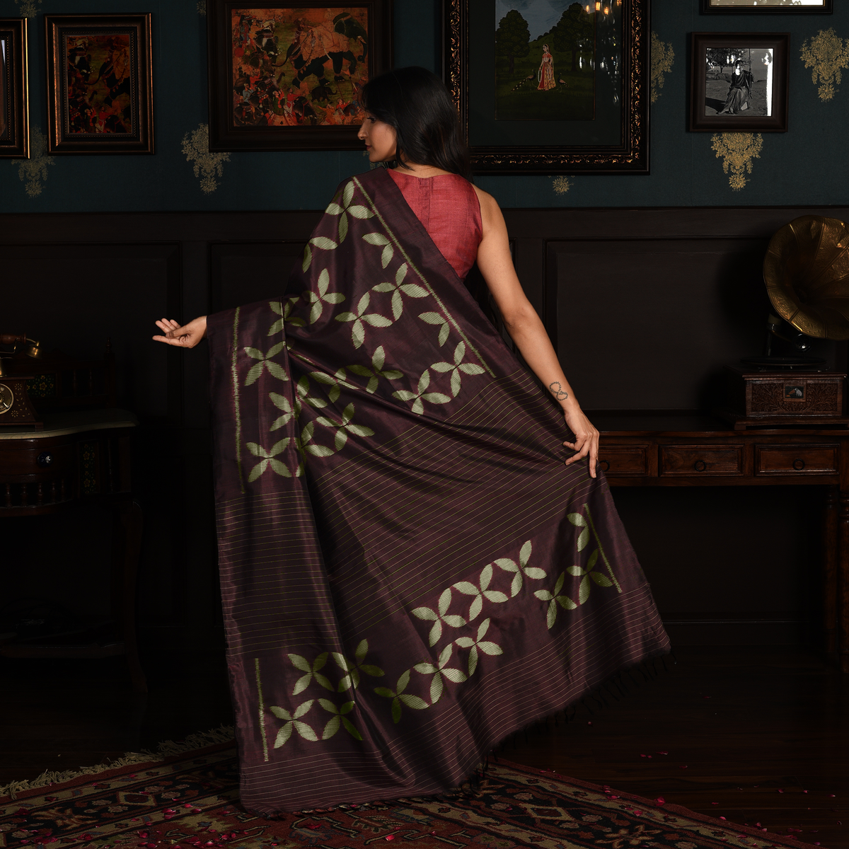 PRAJAPATI Buti Ikat Silk Saree - Coffee