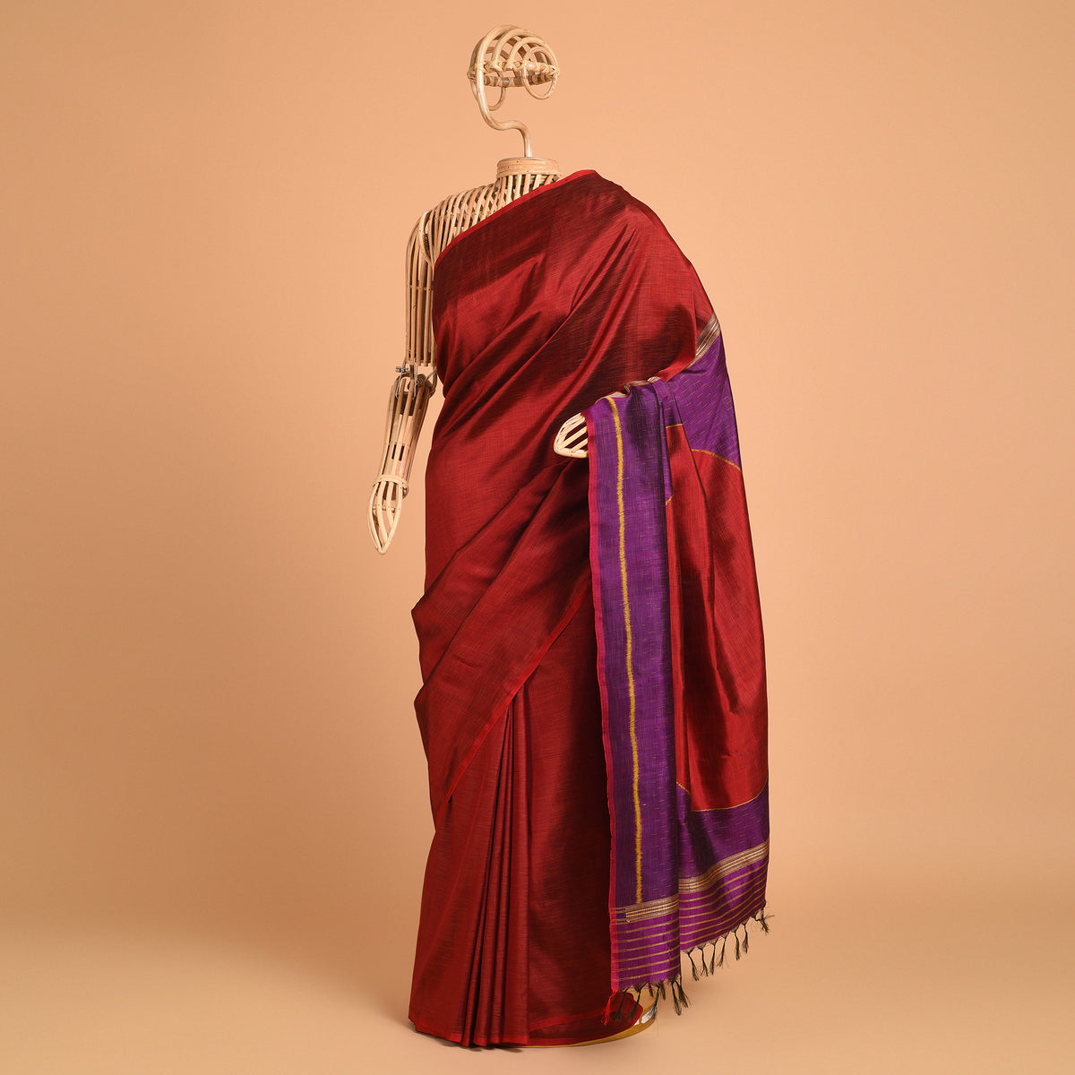 SHUNYA Ikat Silk Handwoven Sari -  Deep Red