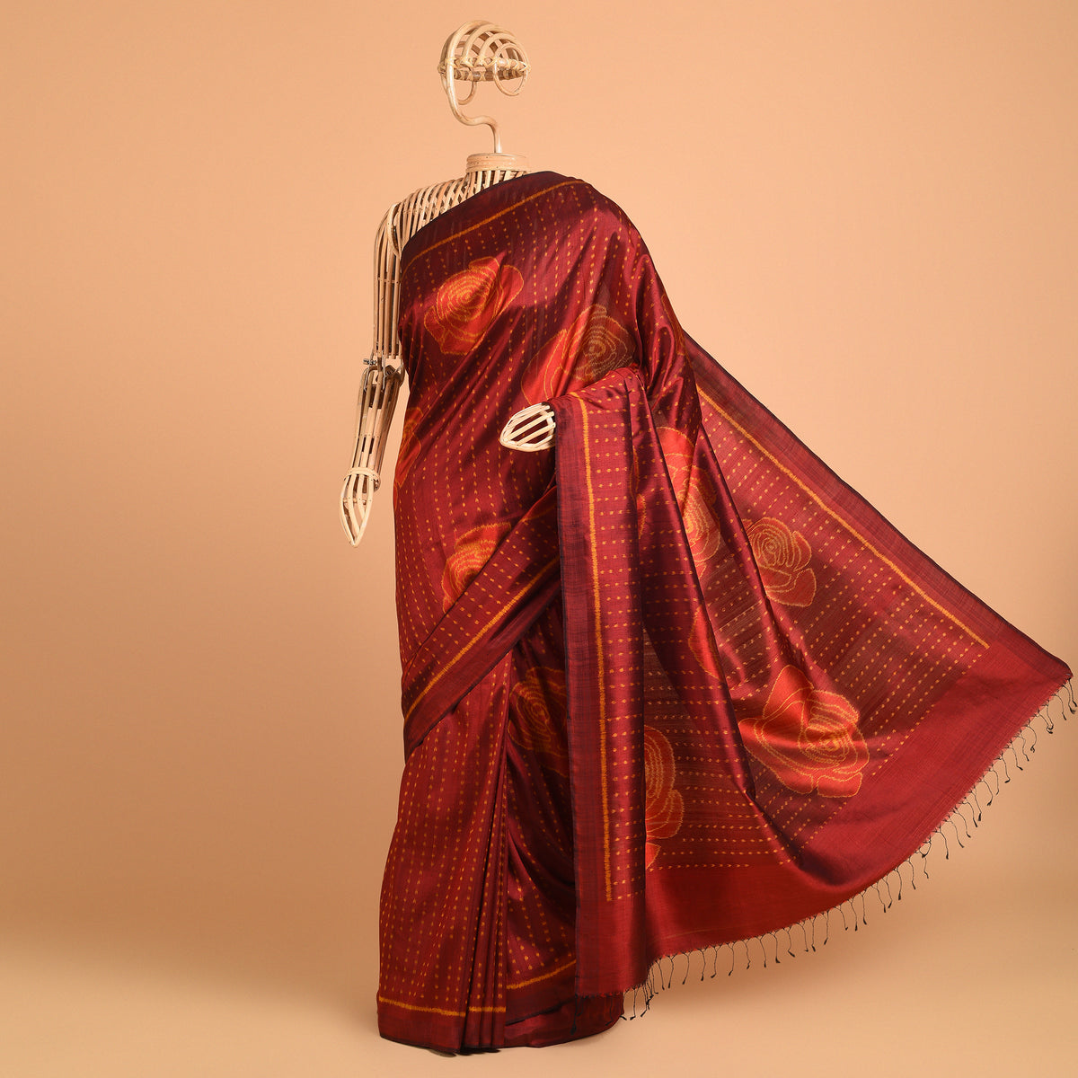 GULAAB Ikat Long Pallu Handwoven Silk Sari -  Burnt Red