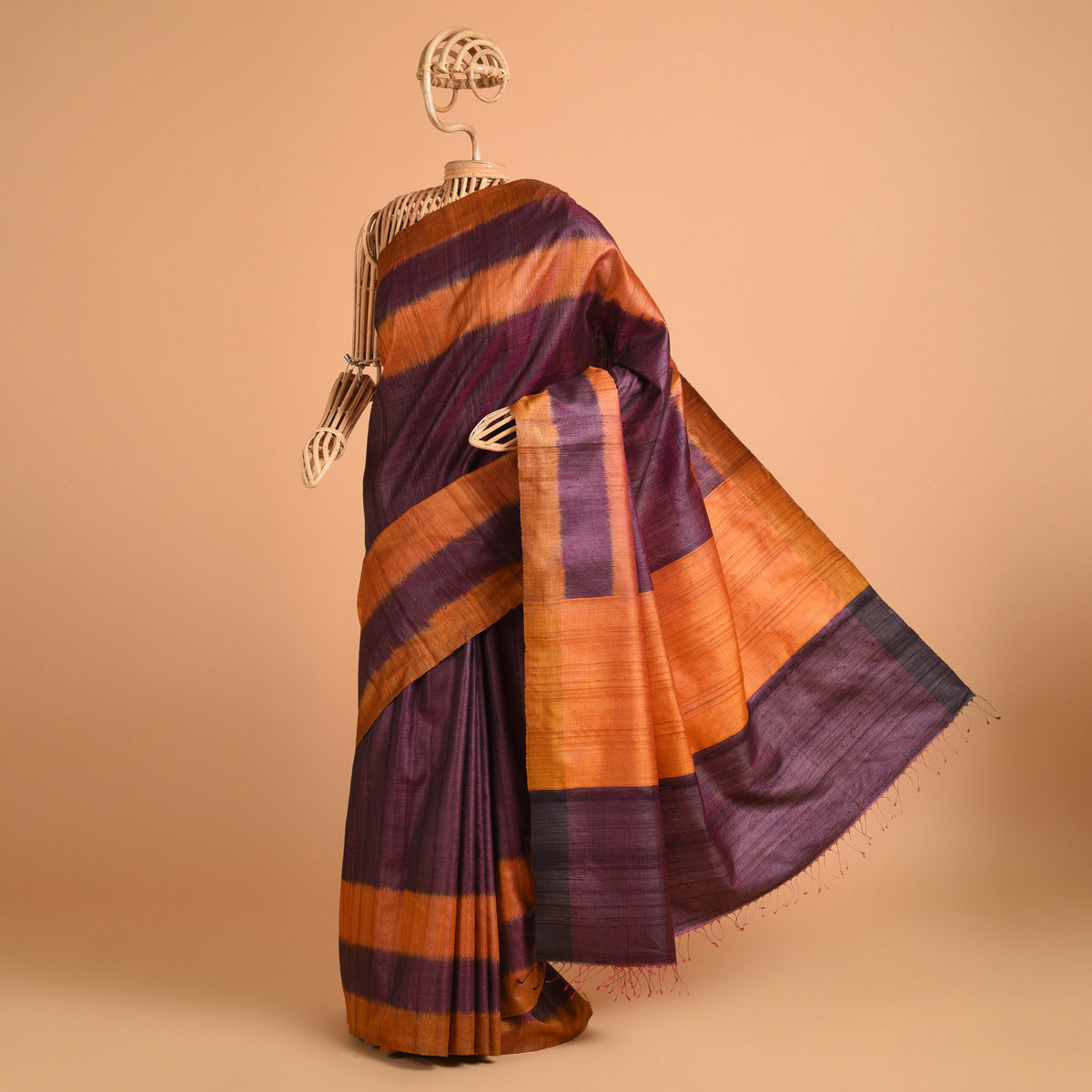 IKAT Tussar Bijli Handwoven Silk Saree -  Purple Rust