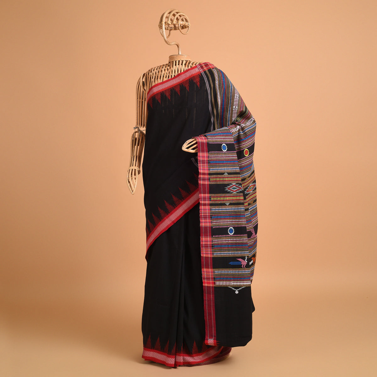 BOMKAI Cotton Handwoven Saree - Black