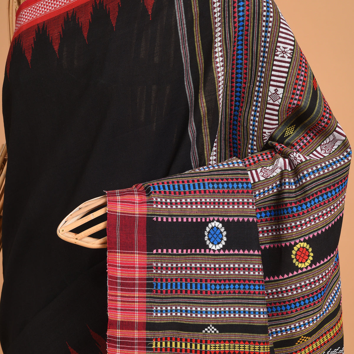 BOMKAI Cotton Handwoven Saree - Black