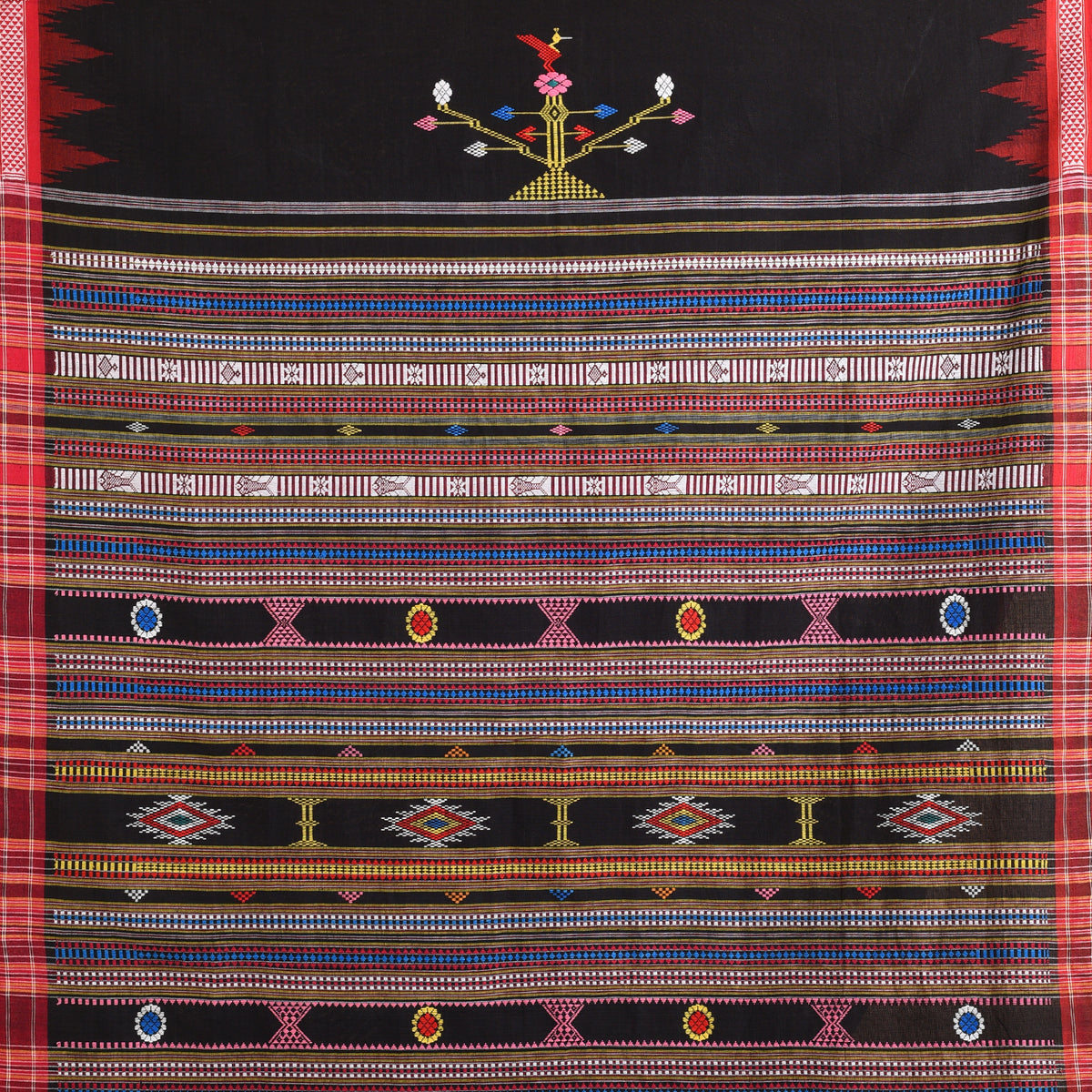 BOMKAI Cotton Handwoven Saree - Black