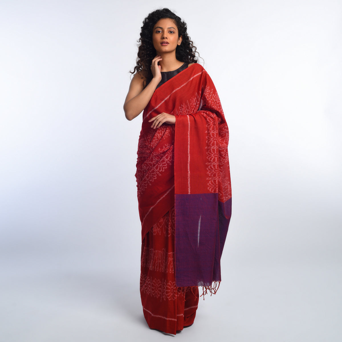 KHANDUA Handloom Cotton Ikat Saree - Crimson