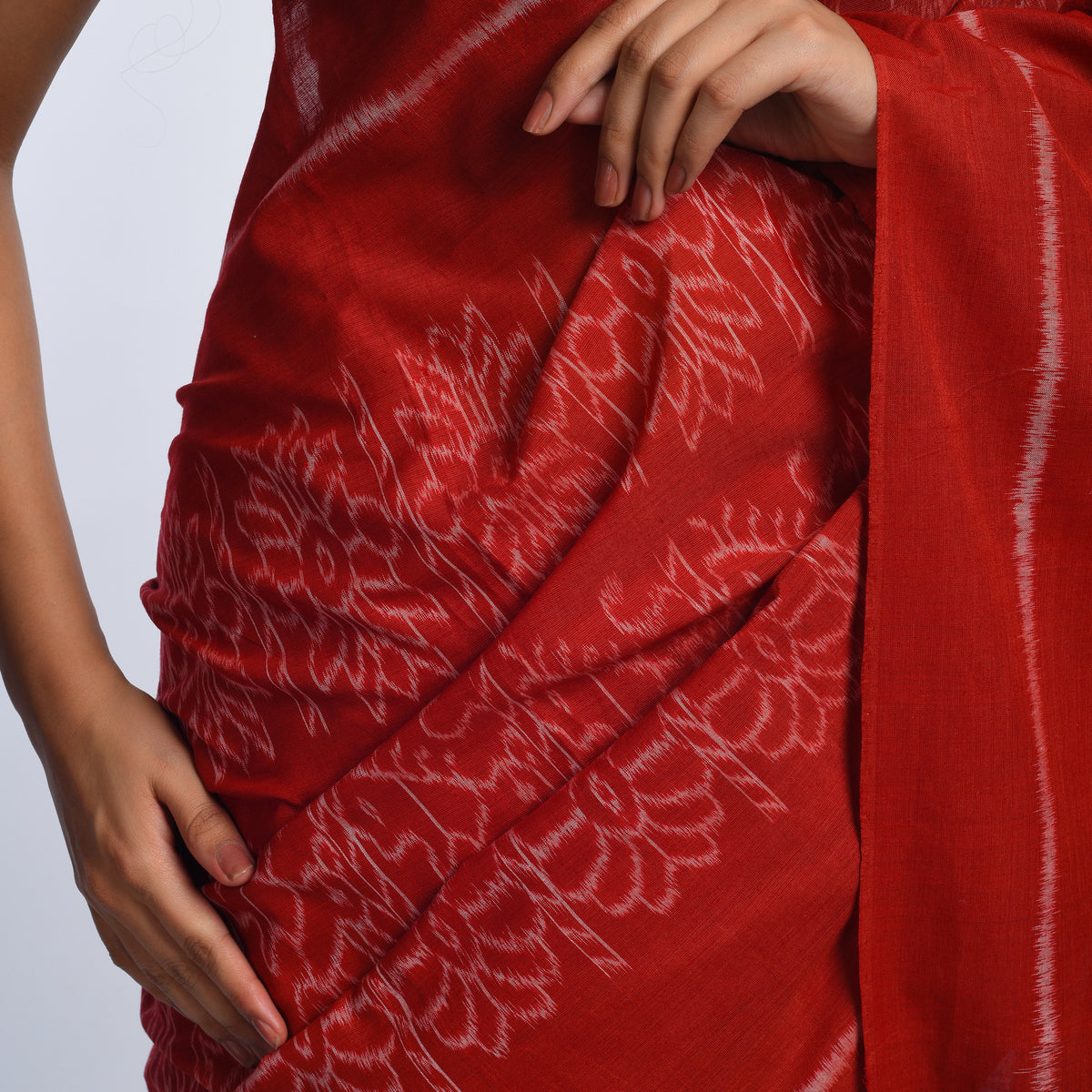 KHANDUA Handloom Cotton Ikat Saree - Crimson