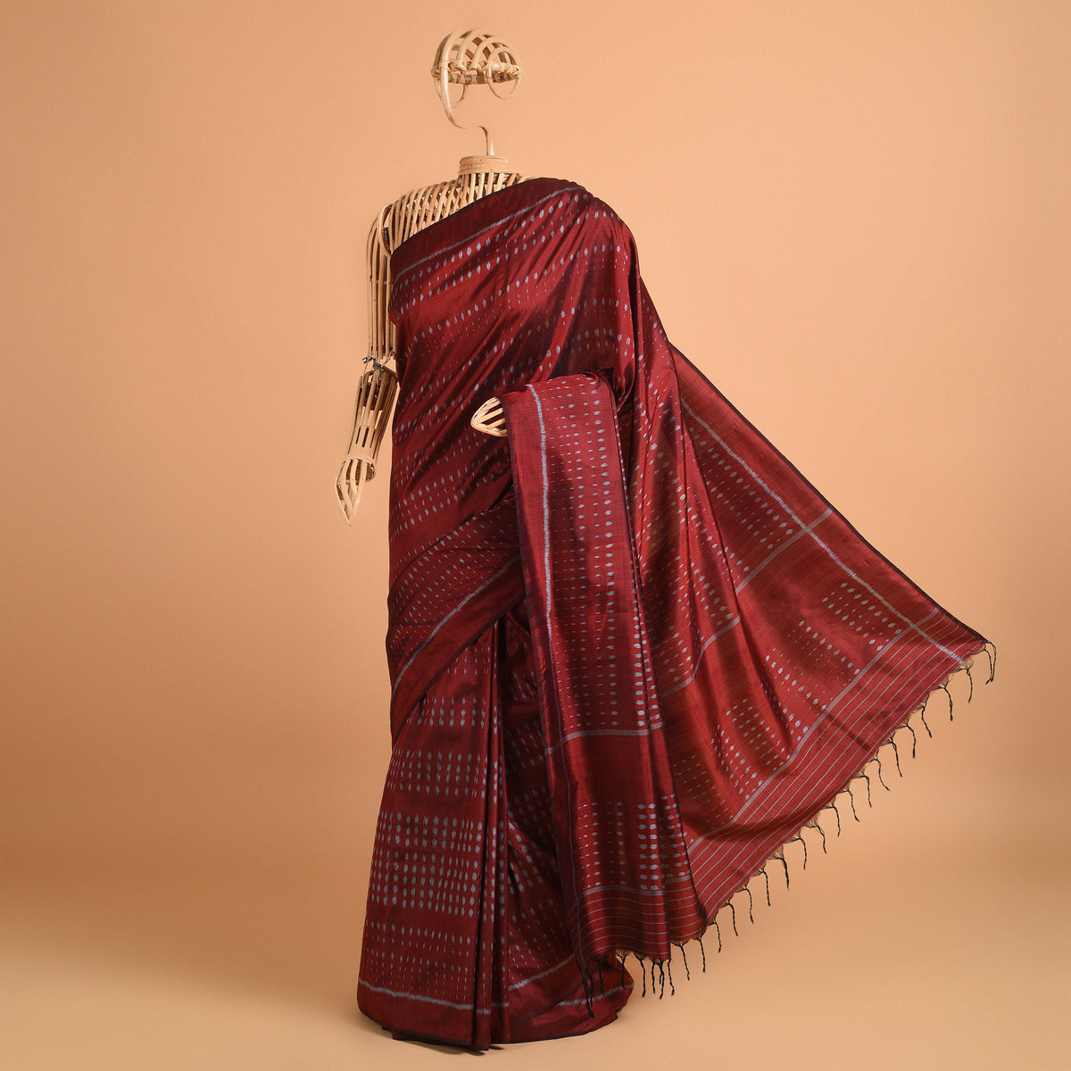 GOONJ Thippa Ikat Handwoven Silk Saree -  Sangria Maroon
