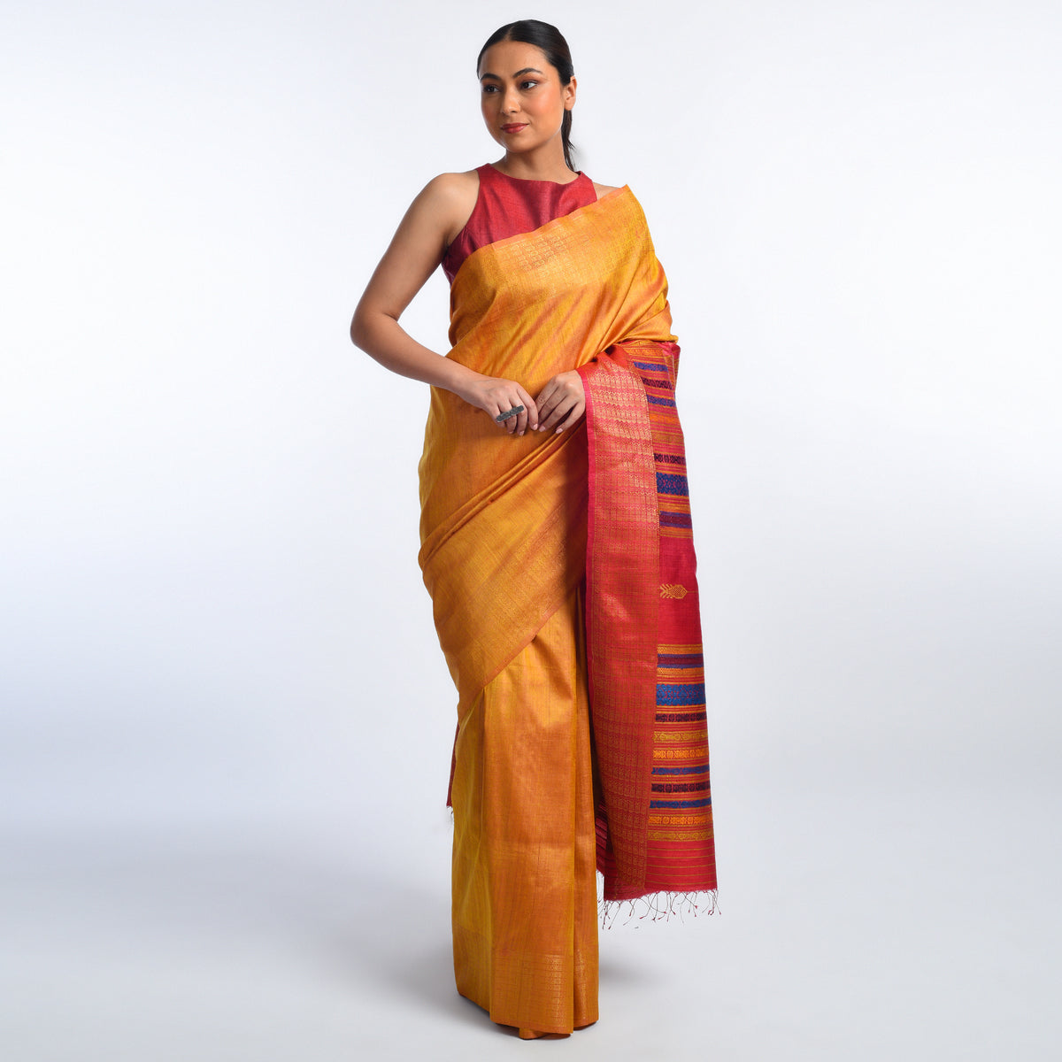 NAVAGUNJARA Handwoven Tussar Silk Sari -  Sun Yellow