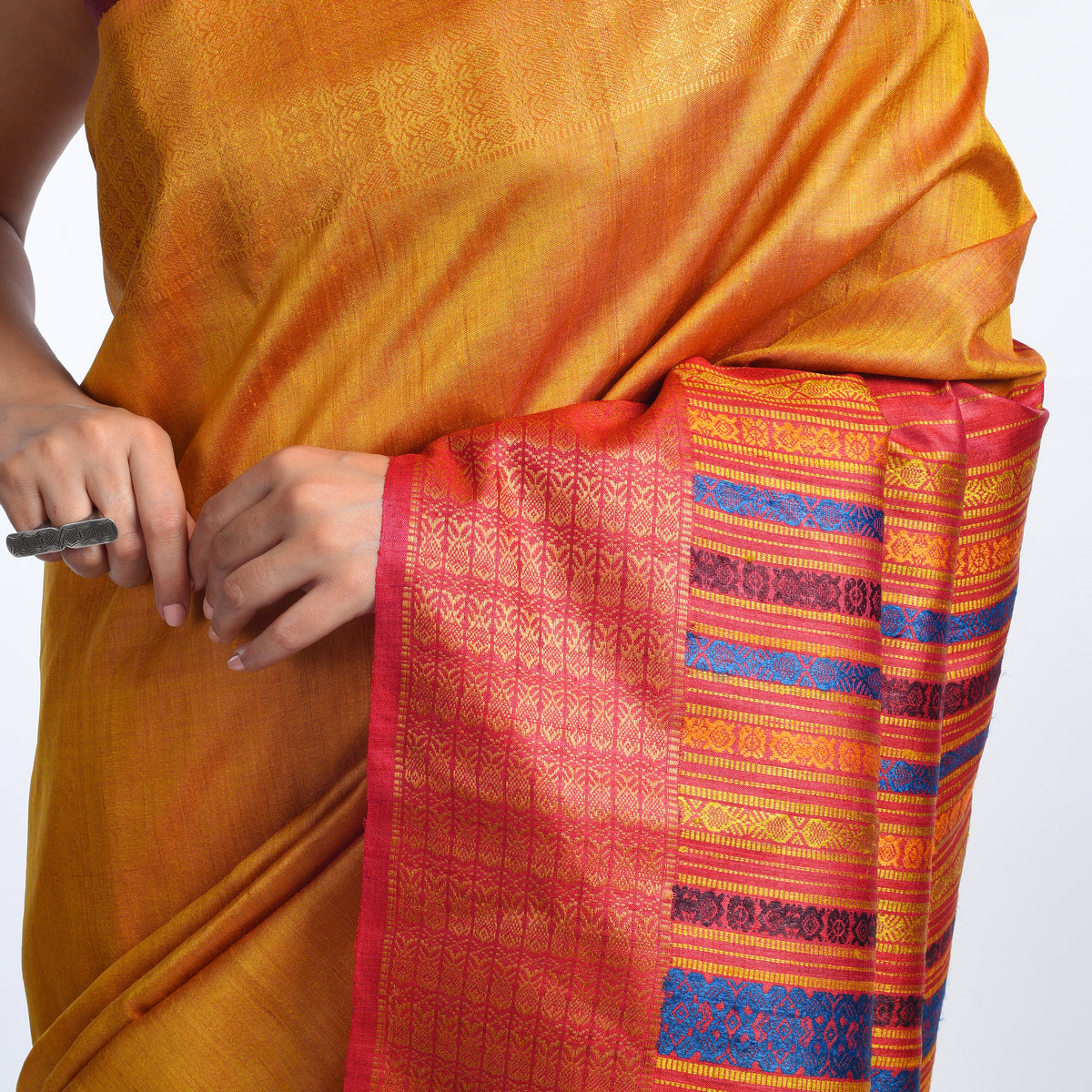 NAVAGUNJARA Handwoven Tussar Silk Sari -  Sun Yellow