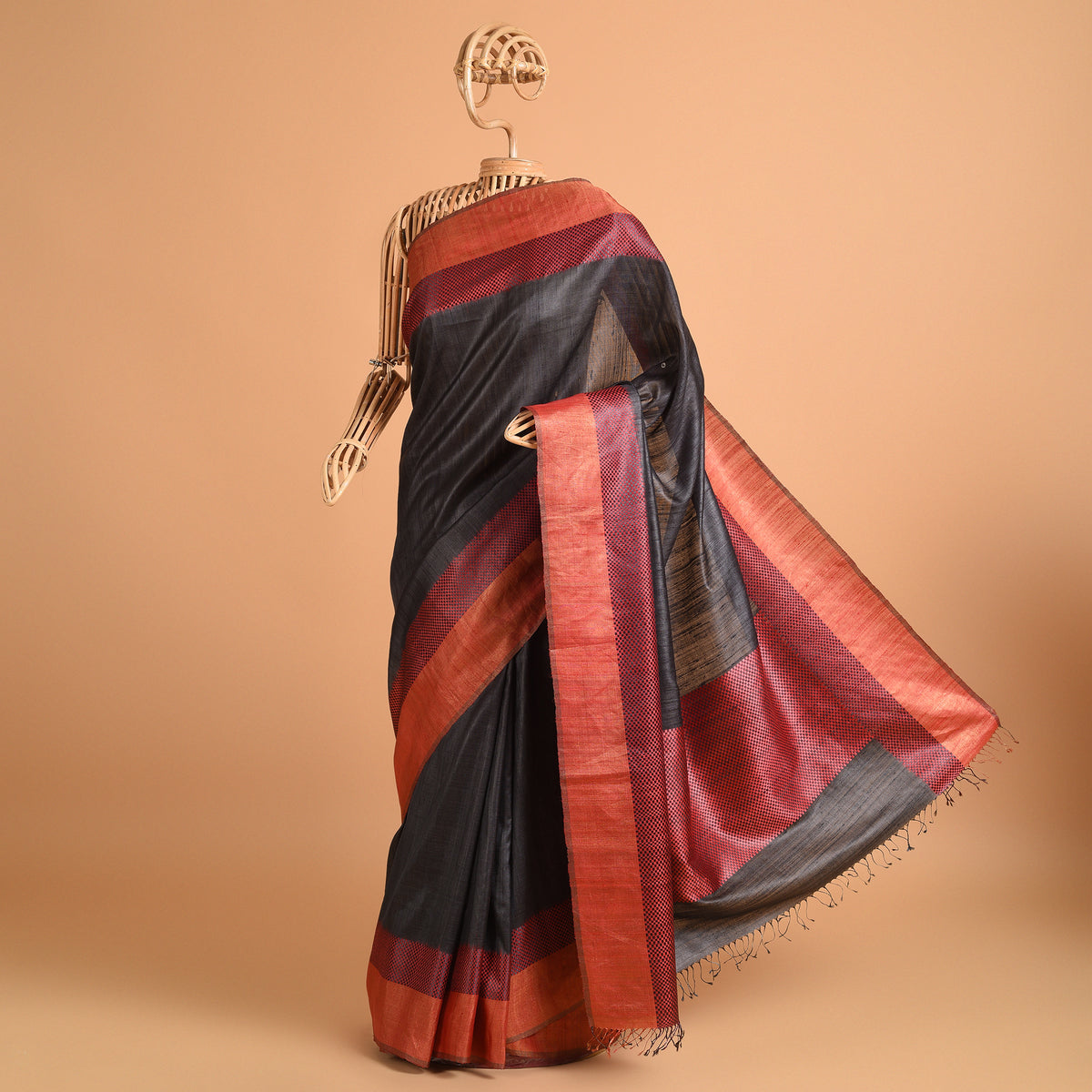IKAT CHECK Handwoven Tussar Silk Saree - Black Red