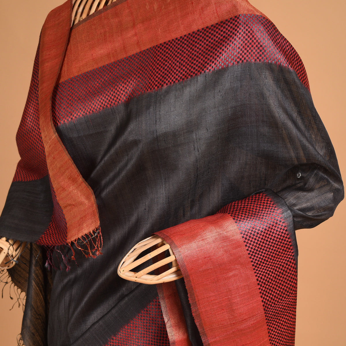 IKAT CHECK Handwoven Tussar Silk Saree - Black Red