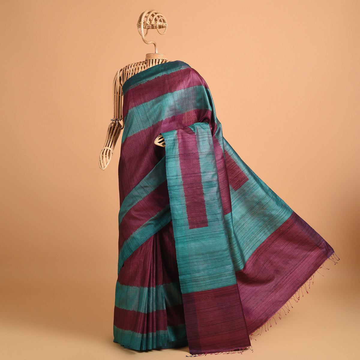 Ikat Tussar Bijli Handwoven Silk Saree - Aqua Blue