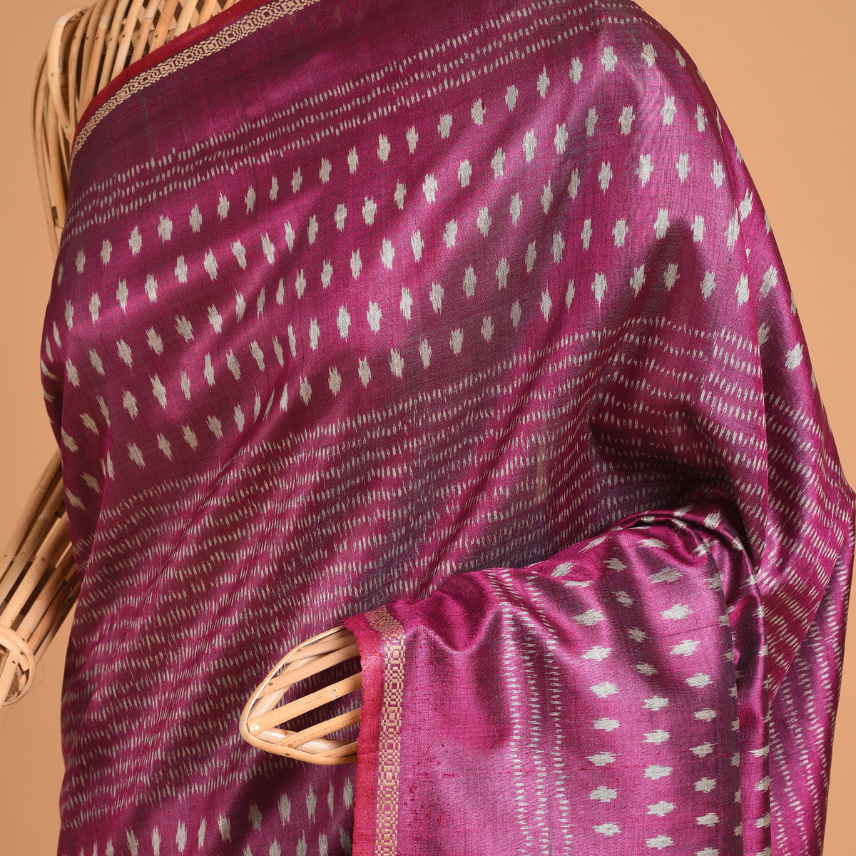 SITARA Ikat Tussar Long Pallu Handwoven Silk Saree - Deep Magenta