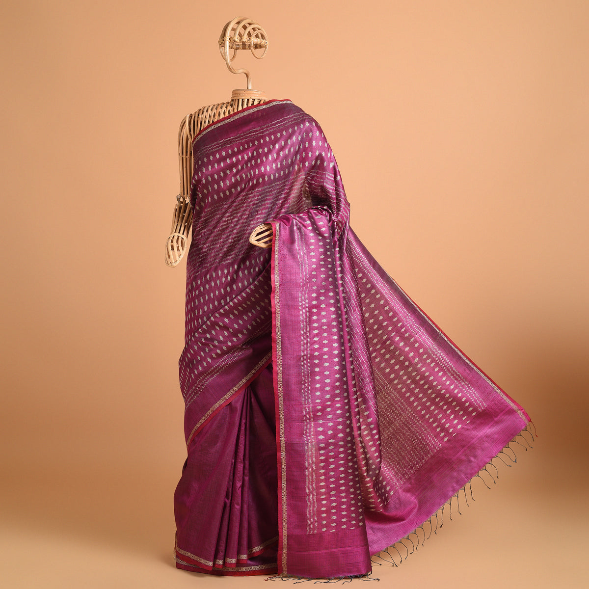 SITARA Ikat Tussar Long Pallu Handwoven Silk Saree - Deep Magenta