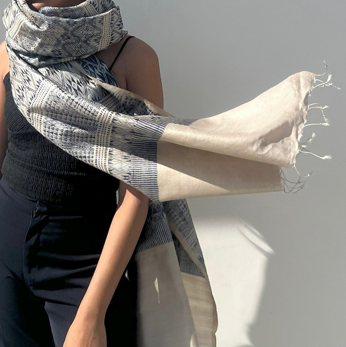 Parvat Handwoven Tussar Silk Dupatta - Beige and Blue