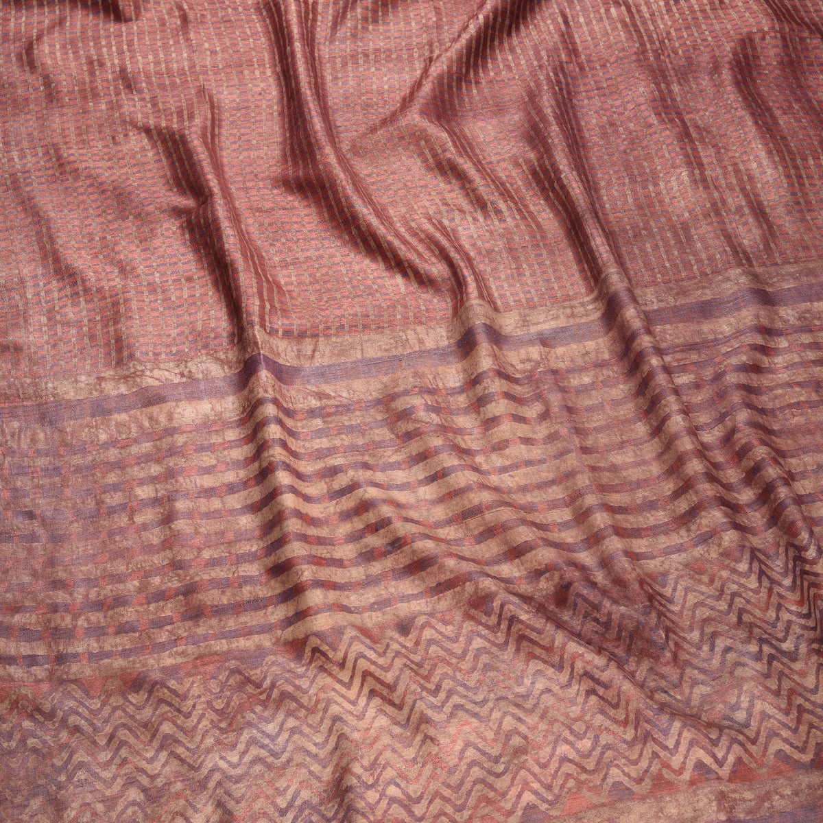 DABU SMALL CHECK Tussar Silk Saree - Brick Red