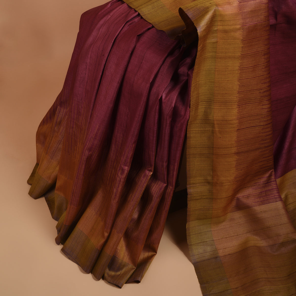 Ikat Tussar Bijli Handwoven Silk Saree - Wine Rust