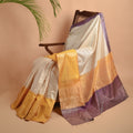 SAAR Handwoven Tussar Silk Saree - Off - White yellow