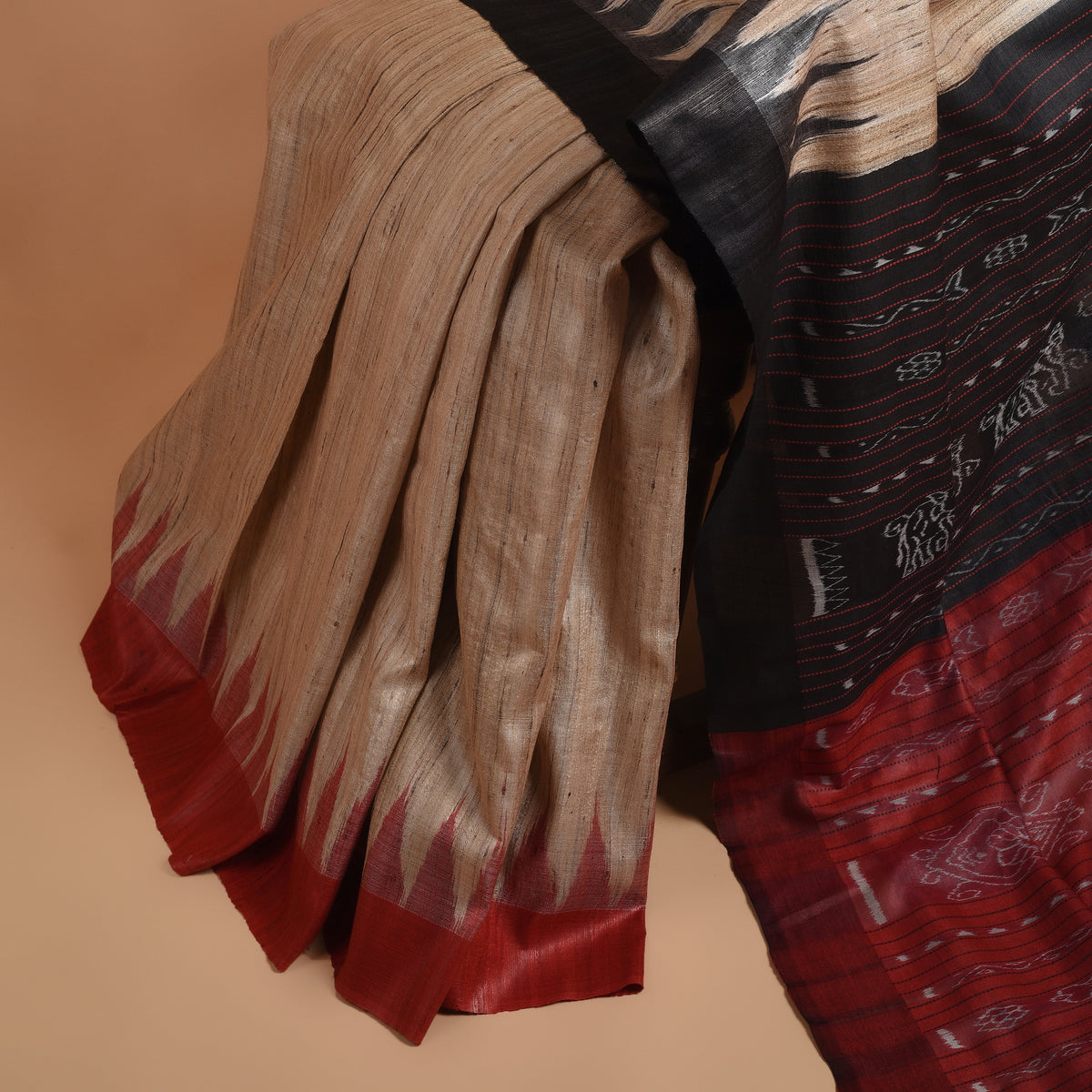 AHIMSA TUSSAR SILK IKAT Handwoven Sari - Red And Black