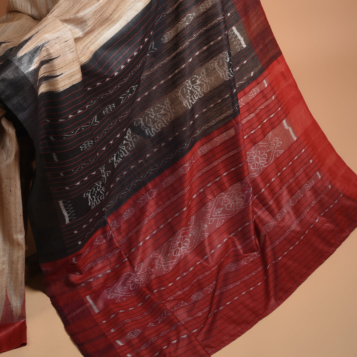 AHIMSA TUSSAR SILK IKAT Handwoven Sari - Red And Black