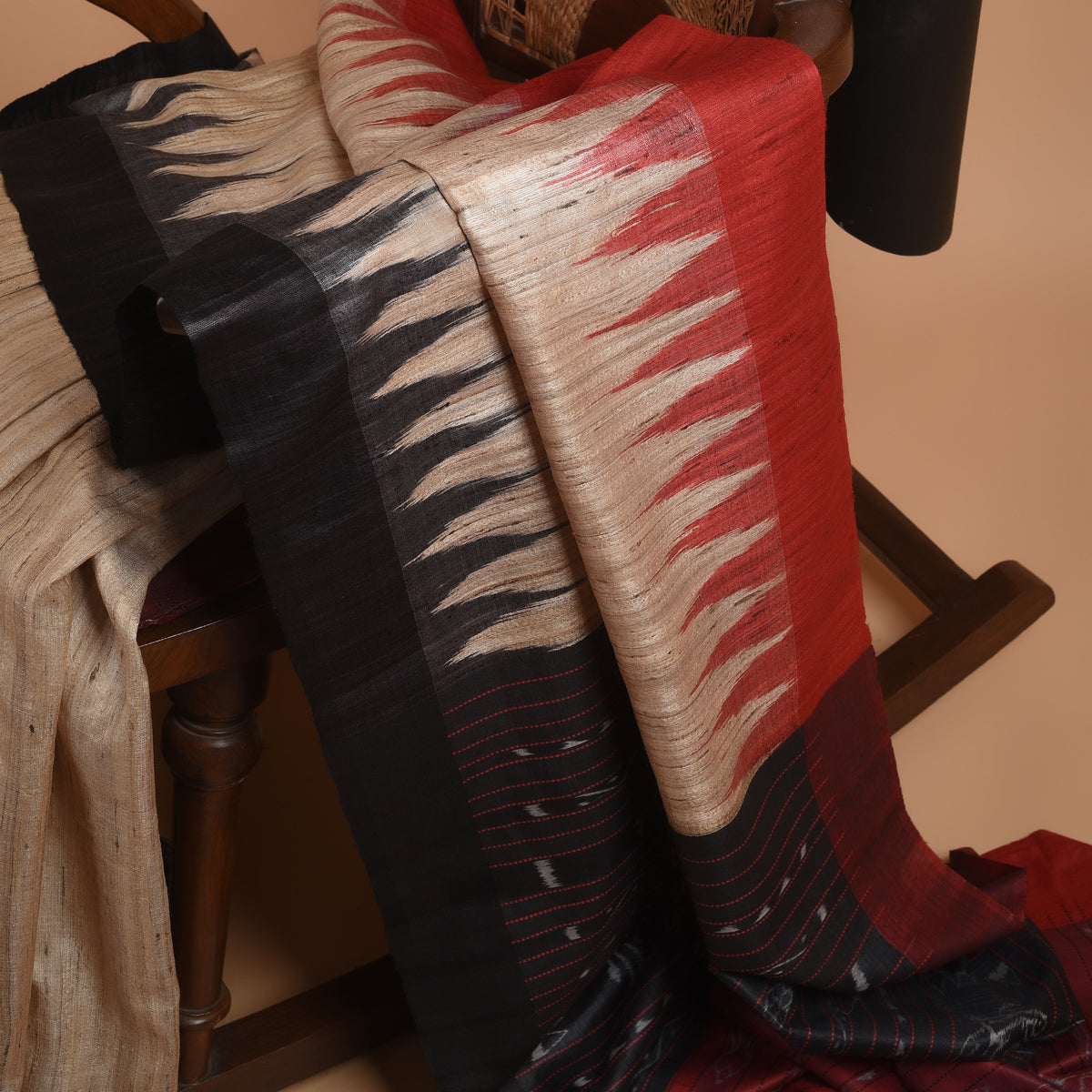 AHIMSA TUSSAR SILK IKAT Handwoven Sari - Red And Black