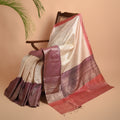 SAAR Handwoven Tussar Silk Saree - Off - White Red