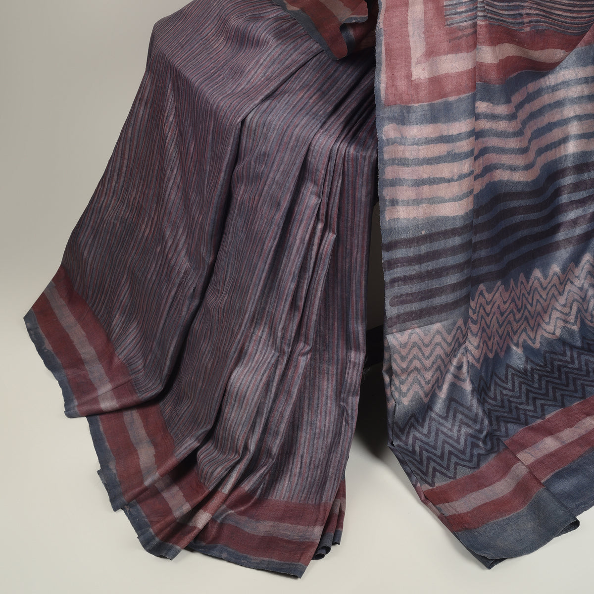 DABU MULTICOLOUR STRIPES Tussar Silk Sari - Indigo Blue