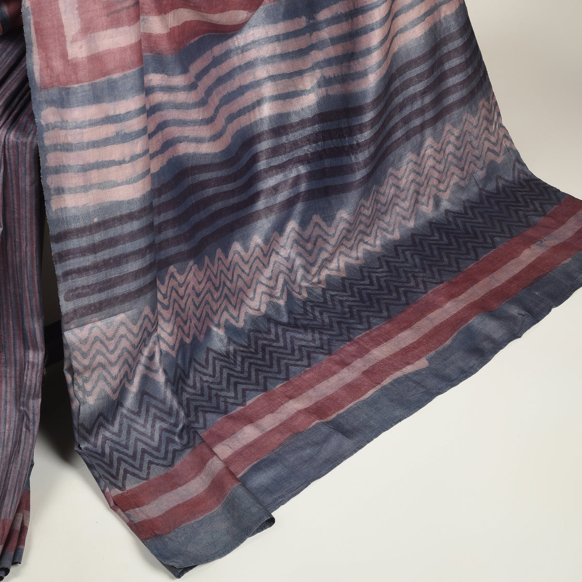 DABU MULTICOLOUR STRIPES Tussar Silk Sari - Indigo Blue