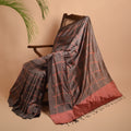 Apsara Handwoven Ikat Silk Saree - Grey Peach