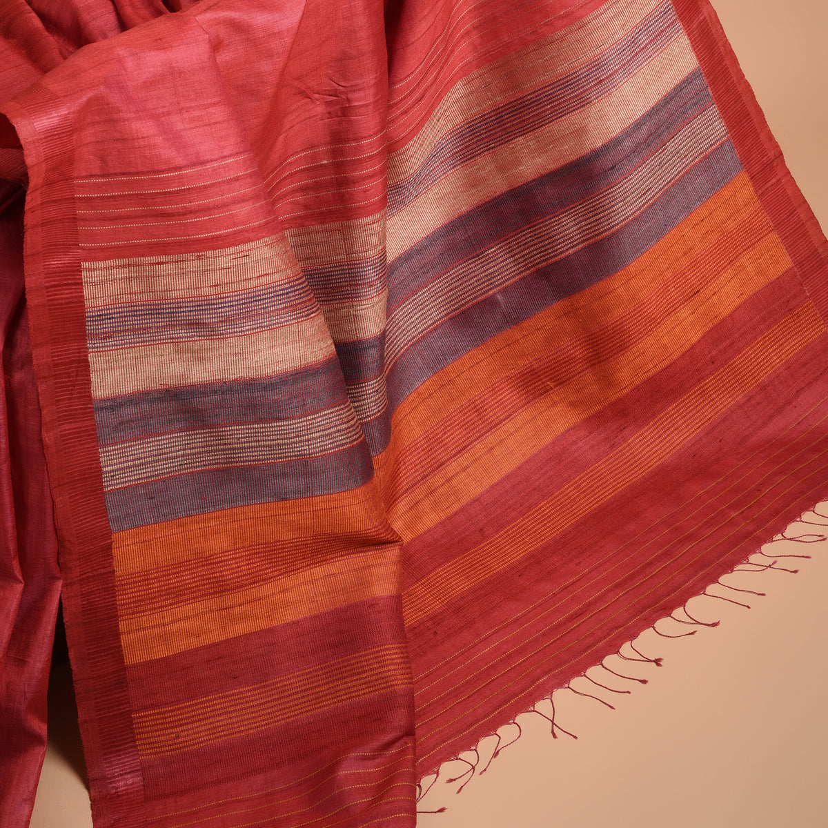 DHAAN Handwoven Tussar Silk Saree - Brick Red