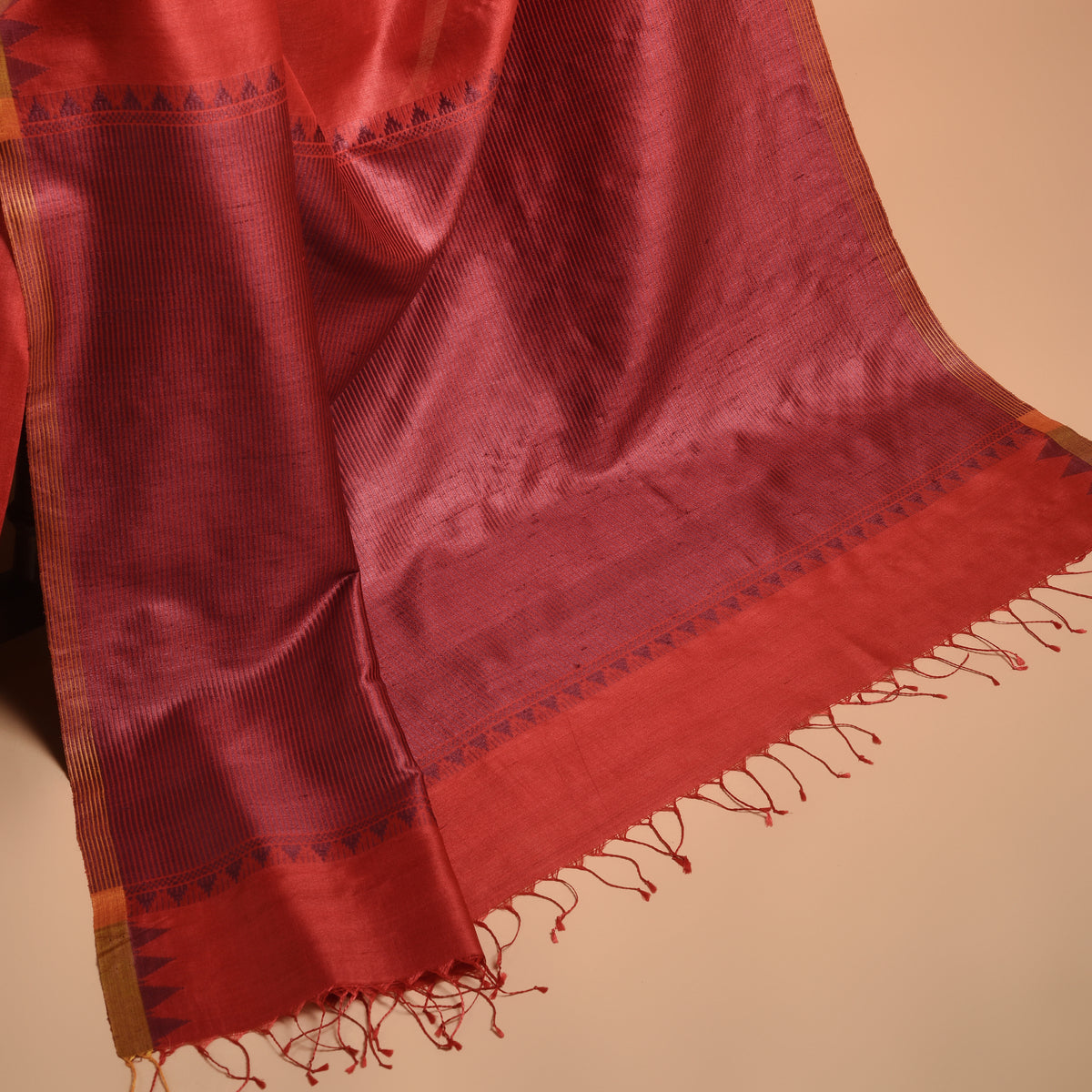 KUMBHA Handloom Tussar Silk Sari - Brick Red Maroon