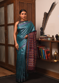 BOMKAI Handwoven Tussar Silk Saree - Teal Blue