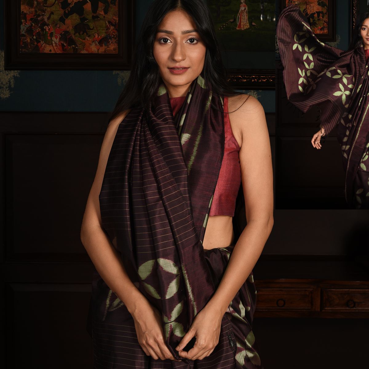 PRAJAPATI Buti Ikat Silk Saree - Coffee