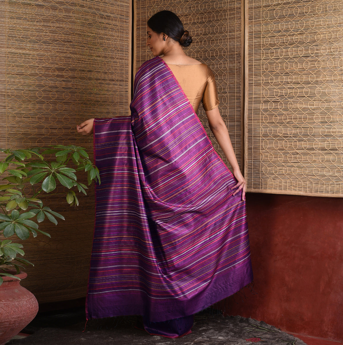 BEEJ Long Pallu Handwoven Tussar Silk Saree - Mulberry Purple