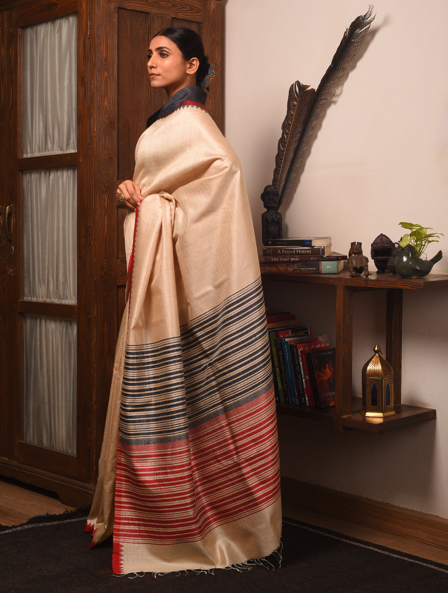 KUMBHA Kalingavastra Handwoven Tussar Silk Saree - Natural Beige