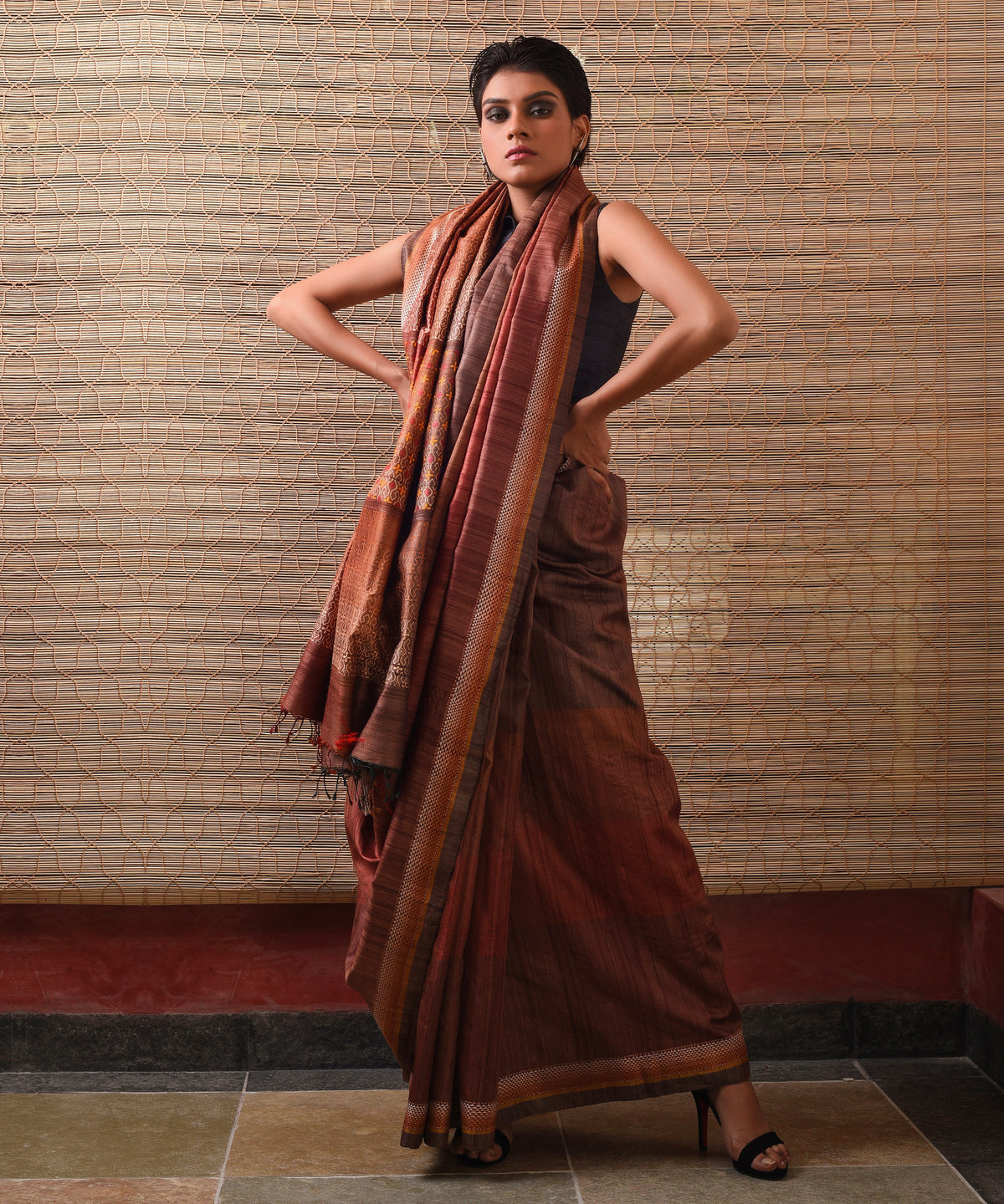 TRI RATNA Handwoven Tussar Silk Saree - Pecan Brown